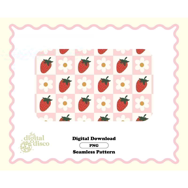 Strawberry Seamless Pattern, Checkered Pattern, Summer Pattern, Summer PNG, Retro PNG, Flower Pattern, Strawberry PNG, Pattern for fabric.jpg