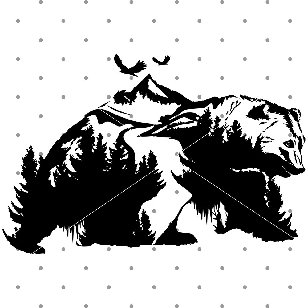 Mountain bear silhouette svg, Bear mountain svg, Mountain svg for cricut, Landscape svg, Night sky svg, Bear silhouette print.jpg
