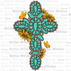 gemstone cross with sunflowers and butterflies png, christian png, religious png, fancy cross png, faith png, sublimate