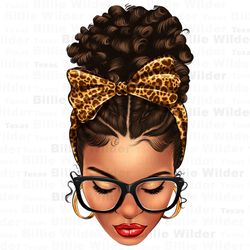 light skin afro messy bun leopard bow png sublimation design download, afro messy bun png,messy bun png,messy bun woman
