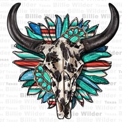 western bull skull with sunflower and gemstone png sublimation design download, western bull skull png, bull skull png,