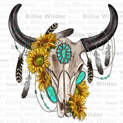 western bull skull with sunflowers and gemstone png sublimation design download, sunflowers bull skull png, bull skull p