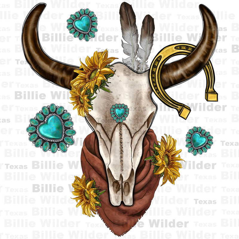 Western cow skull png sublimation design download, sunflowers cow skull png, turquoise gemstone png, sublimate designs download.jpg