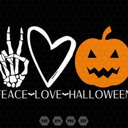 peace love halloween svg, pumpkin face svg, funny halloween shirt svg, skeleton hand, spooky season svg, trick or treat