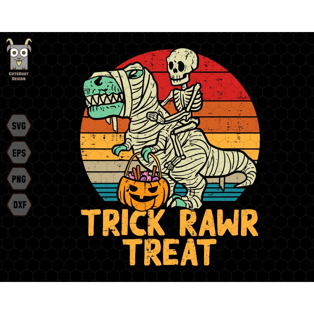Trick Rawr Treat Svg, Dinosaur Svg, Funny Halloween Svg, T-Rex with Pumpkin Svg, Fall Cut Files, Skeleton Svg, Trick or Treat, Mummy Svg.jpg