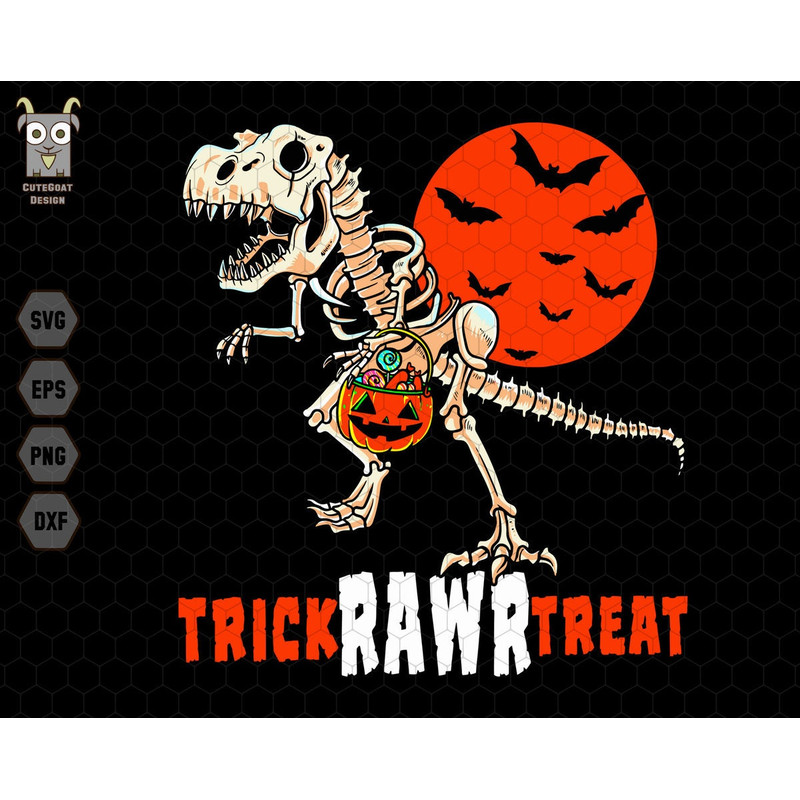 Trick Rawr Treat Svg, Skeleton Dinosaur Svg, T-Rex with Pumpkin Svg, Fall Cut Files, Skeleton Svg, Trick or Treat Clipart, Spooky Season Svg.jpg
