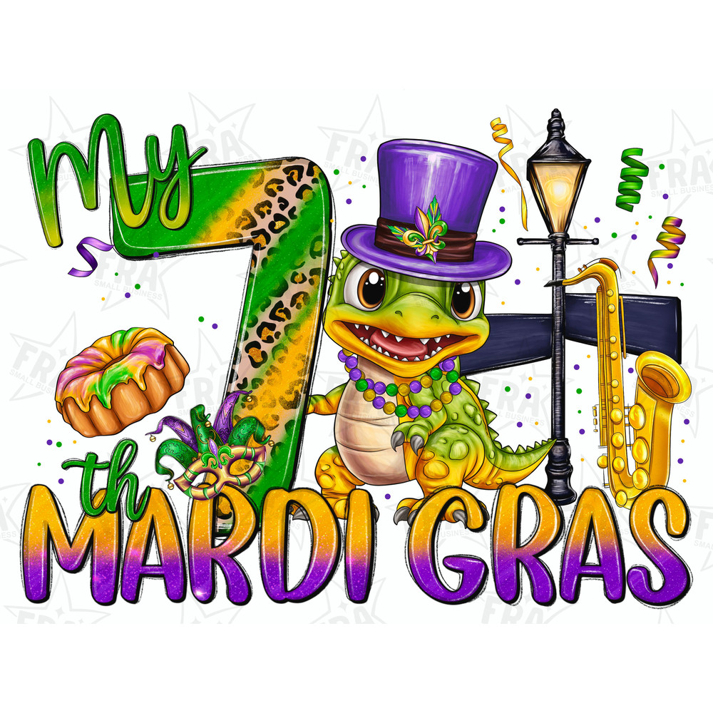 My 7th Mardi Gras png sublimation design download, crocodile Baby, Happy Mardi Gras png, Mardi Gras crocodile png, sublimate designs.jpg