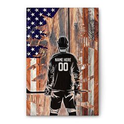 personalized hockey poster & canvas, hockey player crack american flag wall art, custom name number home decor for boy