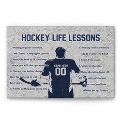personalized hockey poster & canvas, hockey life lessons inspirational quote wall art, custom name number home decor