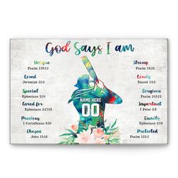 personalized softball poster & canvas, god says i am wall art, custom name number home decor for daughter, girl, kid fro
