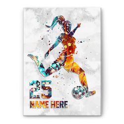 personalized soccer poster & canvas, female soccer player watercolor wall art, custom name number home decor for daughte