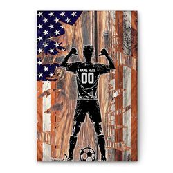 personalized soccer poster & canvas, soccer player crack american flag wall art, custom name number home decor for boy