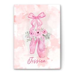 personalized  ballet poster & canvas,  pink pointe shoes wall art, custom name home decor for ballerina