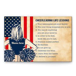 personalized cheerleading poster & canvas, life lessons wall art, custom name number home decor for daughter, girl, kid