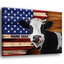 personalized cow poster canvas, inspirational - cow american flag patriotic wall art, custom name home decor for farmer