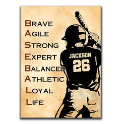 personalized baseball poster & canvas, baseball player inspirational quote wall art, custom name number home decor for b