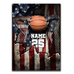 personalized basketball poster & canvas, player & american flag wall art, custom name number home decor for husband, boy