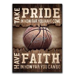 personalized basketball poster & canvas, take pride in how far you've come - inspirational wall art, custom name home de