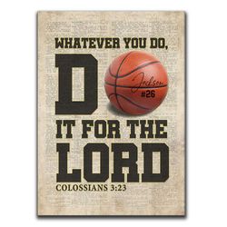 personalized basketball poster & canvas, whatever you do, do it for the lord - bible verse wall art, custom name number