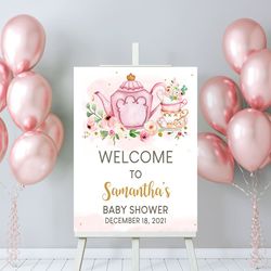 Personalized Tea Party Baby Shower Welcome Sign Blush Pink Gold Tea Party Floral Baby Shower Welcome Sign Baby Is