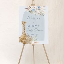Personalized Blue Pampas Grass Baby Shower Welcome Sign, Boho Giraffe Baby Shower Welcome, Boho Reception Sign, Baby Sho