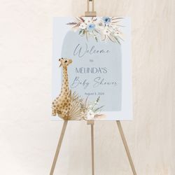 personalized blue pampas grass baby shower welcome sign, boho giraffe baby shower welcome, boho reception sign, baby sho