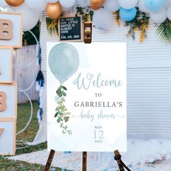 blue balloon baby shower welcome sign boy, boy baby shower sign, greenery welcome poster, baby boy baby shower decoratio