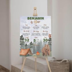 camping first birthday milestone poster, one happy camper birthday milestonecanvas wall art animal poster prints picture