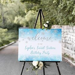 personalized sweet 16 welcome sign, winter wonderland birthday, birthday welcome sign, sweet sixteen welcome board poste