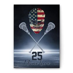 personalized lacrosse poster & canvas, helmet & sticks american flag wall art, custom name number home decor for husband