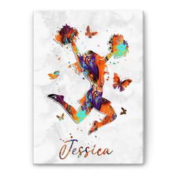 personalized cheerleading poster & canvas, butterfly watercolor wall art, custom name home decor for cheerleader, daught