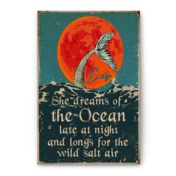 personalized mermaid poster & canvas, she dreams of the ocean wall art, custom name home decor, birthday gift for mermai