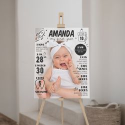 first birthday milestone sign, modern 1st birthday photo milestone poster, 1 year baby milestone board, baby