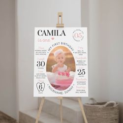 editable first birthday milestone sign, modern photo 1st birthday milestone poster, one year baby milestone board.
