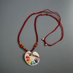 Artist Palette Jewelry Ceramic Necklace Cord pendant Rainbow Painter Porcelain
