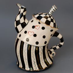 Art teapot Black and white cage Dancing teapot Wonderland style Porcelain handmade teapot Tea party Whimsical sculpture