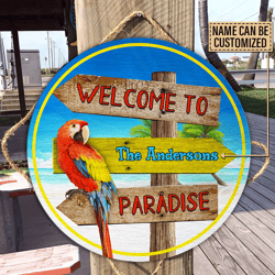 Personalized Beach Welcome To Paradise Customized Wood Circle Sign, Paradise Wooden Sign, Beach Circle Sign
