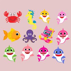 baby shark bundle svg, movie cartoon character svg, baby shark svg, baby shark family svg, sharks svg, cute sharks svg,