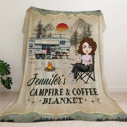 My Campfire And Coffee Blanket Personalized Blanket, Custom Camping Fleece Blanket, Gifts for Wife From Husband