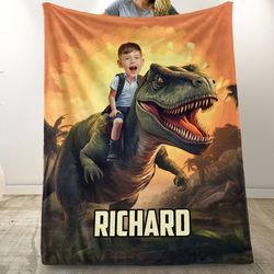 Little Boy Riding Dinosaur Personalized Photo Blanket, Blanket Child Riding T-Rex Dinosaur, Boys Room Jurassic Blanket