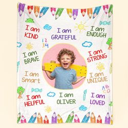 I Am Kind Smart Loved Affirmations For Kids Personalized Photo Blanket, Custom Name Blanket, Gift For Daughter, Son