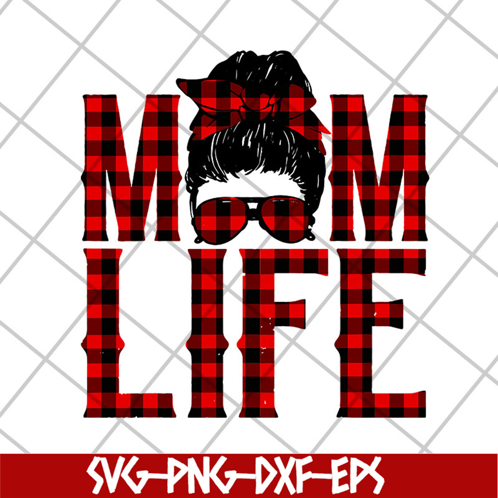 MTD23042140-Red plaid messy hair bun mom life svg, Mother's day svg, eps, png, dxf digital file MTD23042140.jpg