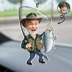 Custom Photo Fisherman Cartoon - Personalized Car Photo Ornament, Custom Cartoon Fishing Portrait