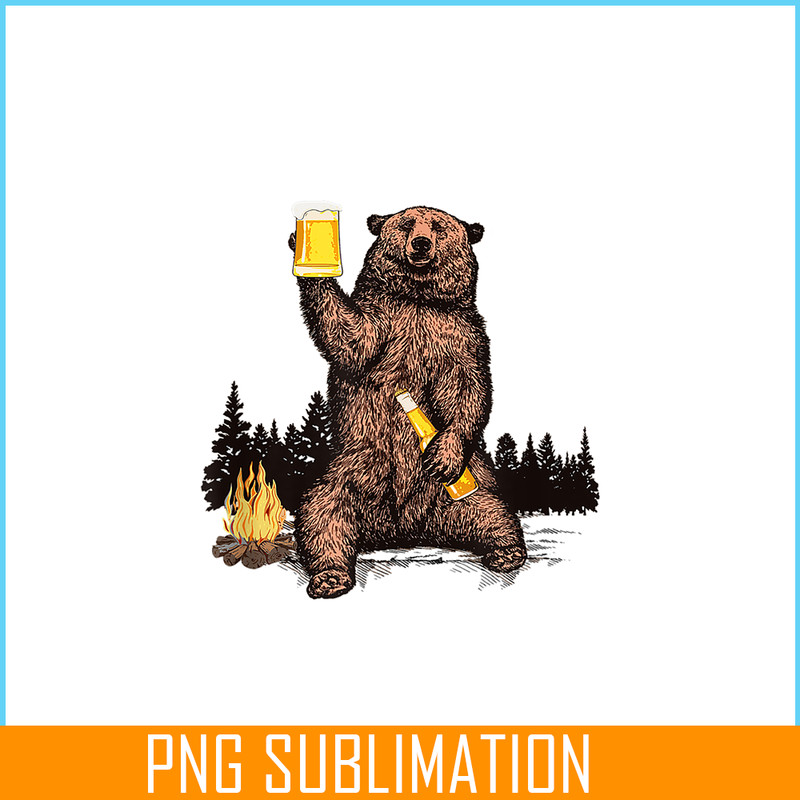 BEER28102304-Bear Drinking Beer PNG Camp Fire Woods Outdoor PNG Funny Grizzly PNG.png