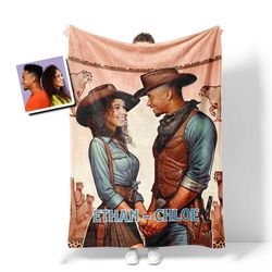 Personalized Cowboy Couple Blanket  Custom Face & Name Couple Valentine's Gifts