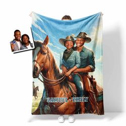 Personalized Cowboy Couple Field Of Love Blanket  Custom Face Valentine's Gifts