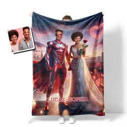 Personalized Valentine's Day Red SuperHero Couple Love City Blanket
