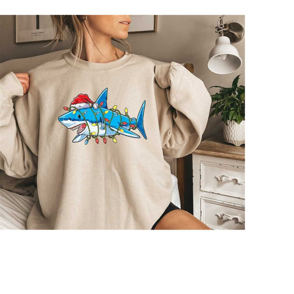 Christmas Shark Shirt, Funny Christmas Shirt, Santa Hat Shark Christmas Sweatshirt , Animal Christmas Lights Santa Shirt.jpg