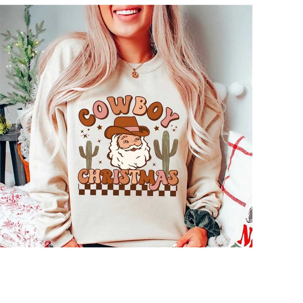 Cowboy Christmas Sweatshirt, Christmas Shirts for Women, Christmas Crewneck pullover Sweater, Cute Winter Holiday Sweate.jpg