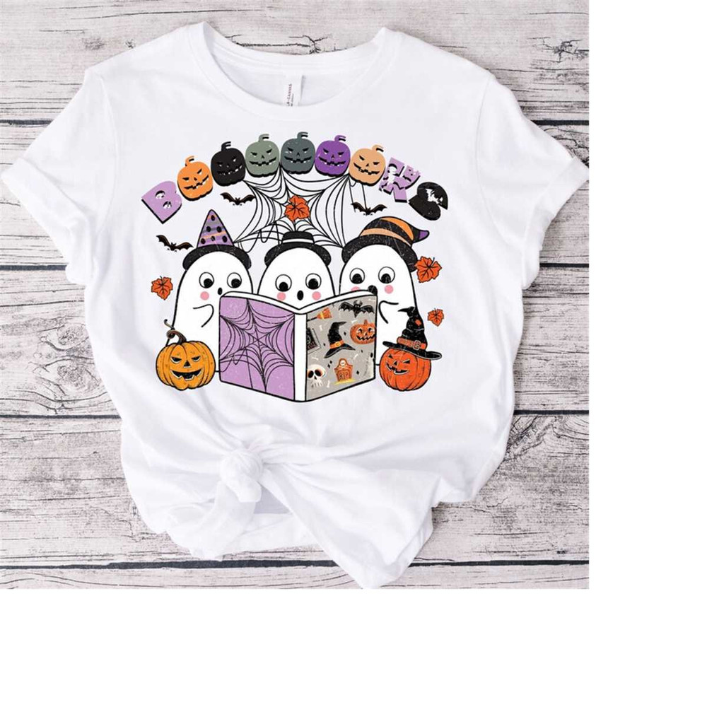Cute Ghost Reading Book Halloween Tshirt, Fall Vintage Ghost Sweatshirt, Halloween Vibes Tee, Funny Halloween Party Gift.jpg